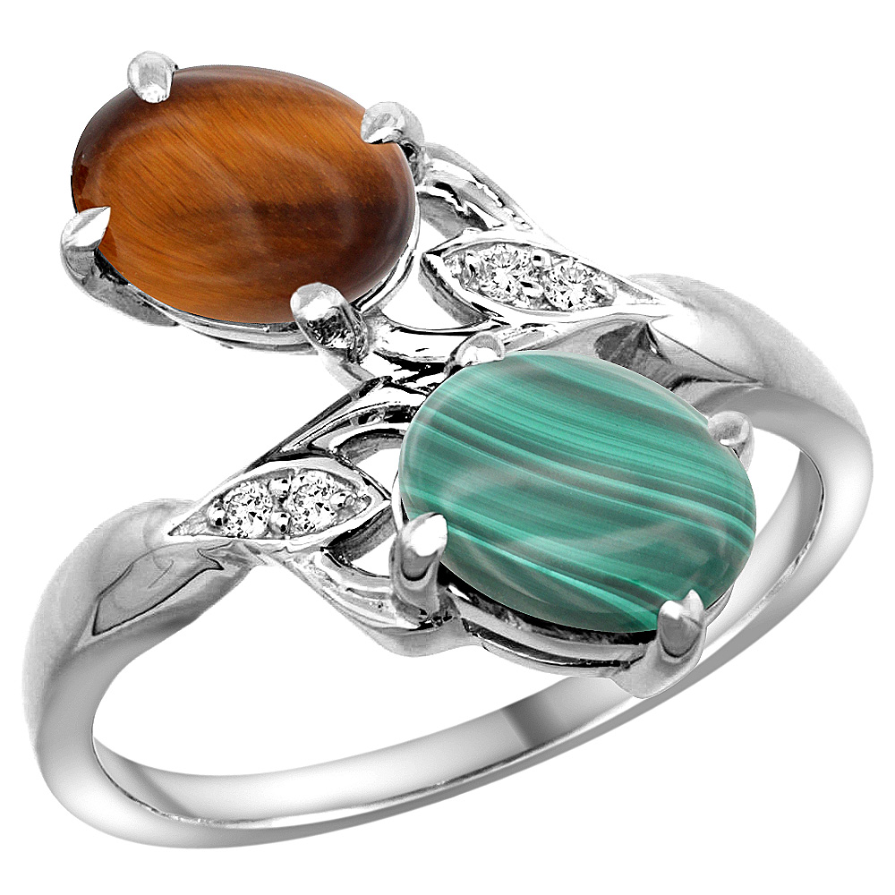 10K White Gold Diamond Natural Tiger Eye & Malachite 2-stone Ring Oval 8x6mm, sizes 5 - 10