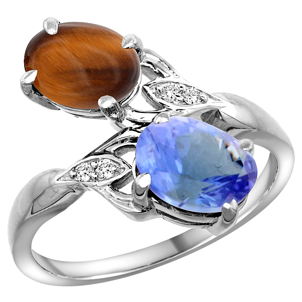 10K WHITE GOLD DIAMOND NATURAL TIGER EYE & TANZANITE 2-STONE RING OVAL 8X6MM, SIZES 5 - 10