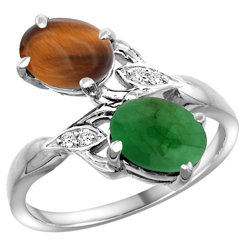10K WHITE GOLD DIAMOND NATURAL TIGER EYE & CABOCHON EMERALD 2-STONE RING OVAL 8X6MM, SIZES 5 - 10