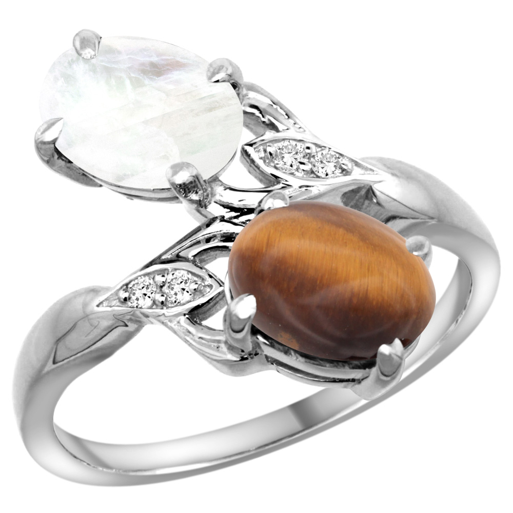 10K WHITE GOLD DIAMOND NATURAL TIGER EYE & RAINBOW MOONSTONE 2-STONE RING OVAL 8X6MM, SIZES 5 - 10