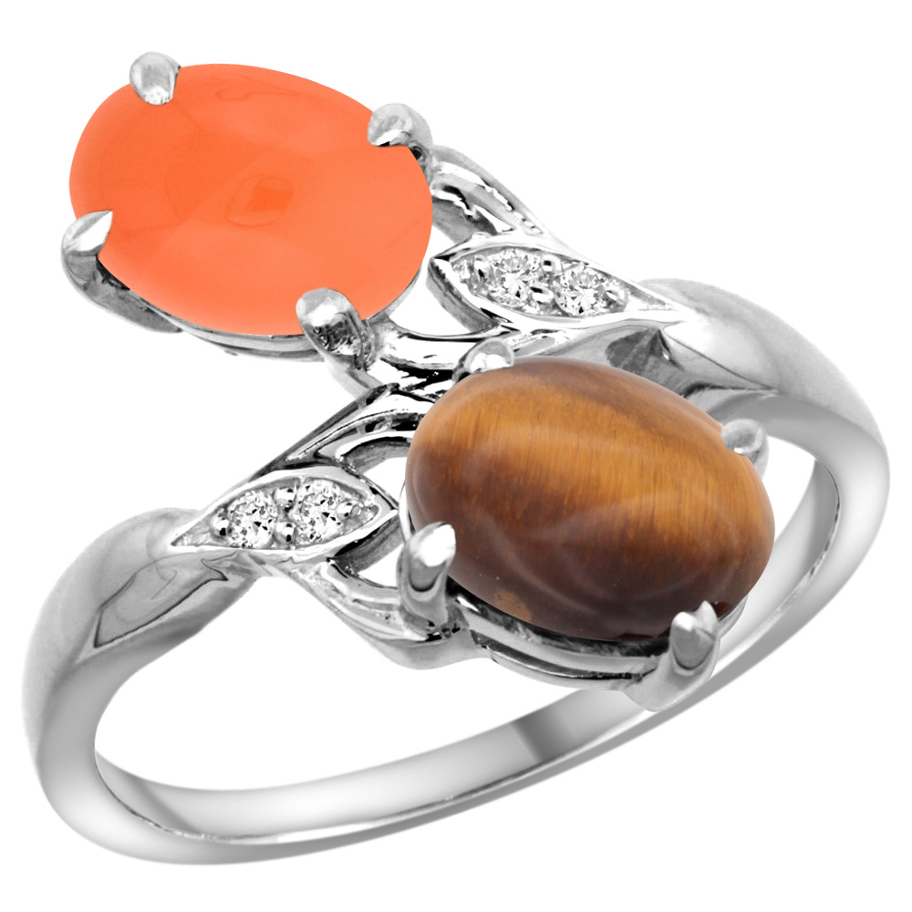 10K WHITE GOLD DIAMOND NATURAL TIGER EYE & ORANGE MOONSTONE 2-STONE RING OVAL 8X6MM, SIZES 5 - 10