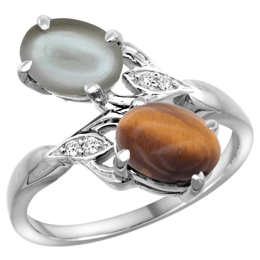 10K White Gold Diamond Natural Tiger Eye & Gray Moonstone 2-stone Ring Oval 8x6mm, sizes 5 - 10