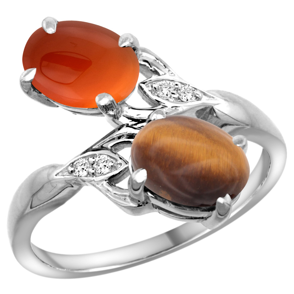 10K WHITE GOLD DIAMOND NATURAL TIGER EYE & BROWN AGATE 2-STONE RING OVAL 8X6MM, SIZES 5 - 10