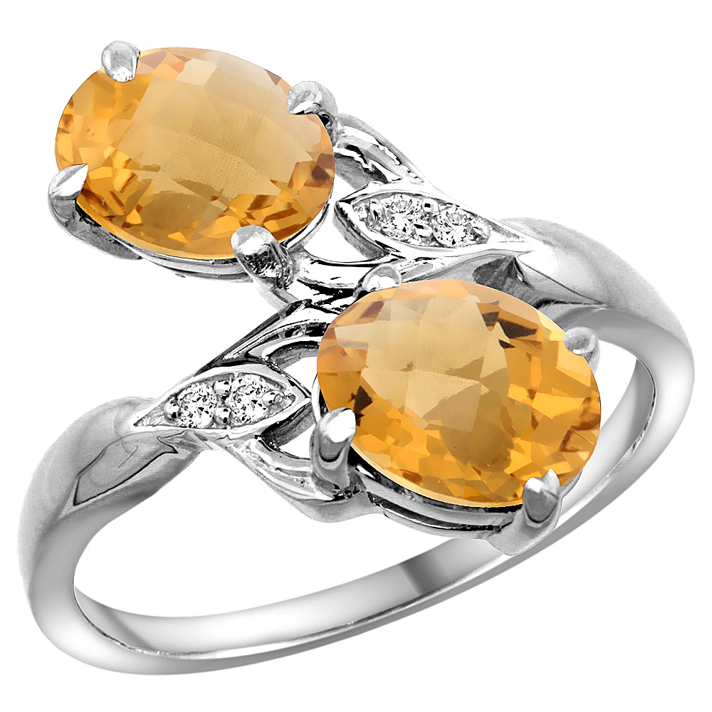 10K WHITE GOLD DIAMOND NATURAL WHISKY QUARTZ 2-STONE RING OVAL 8X6MM, SIZES 5 - 10