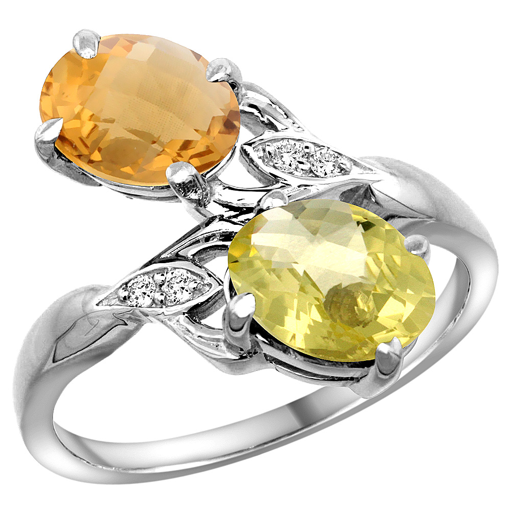 10K WHITE GOLD DIAMOND NATURAL WHISKY QUARTZ & LEMON QUARTZ 2-STONE RING OVAL 8X6MM, SIZES 5 - 10