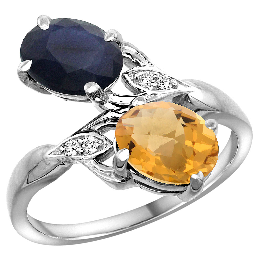 14k White Gold Diamond Natural Whisky Quartz & Australian Sapphire 2-stone Ring Oval 8x6mm, sizes 5 - 10