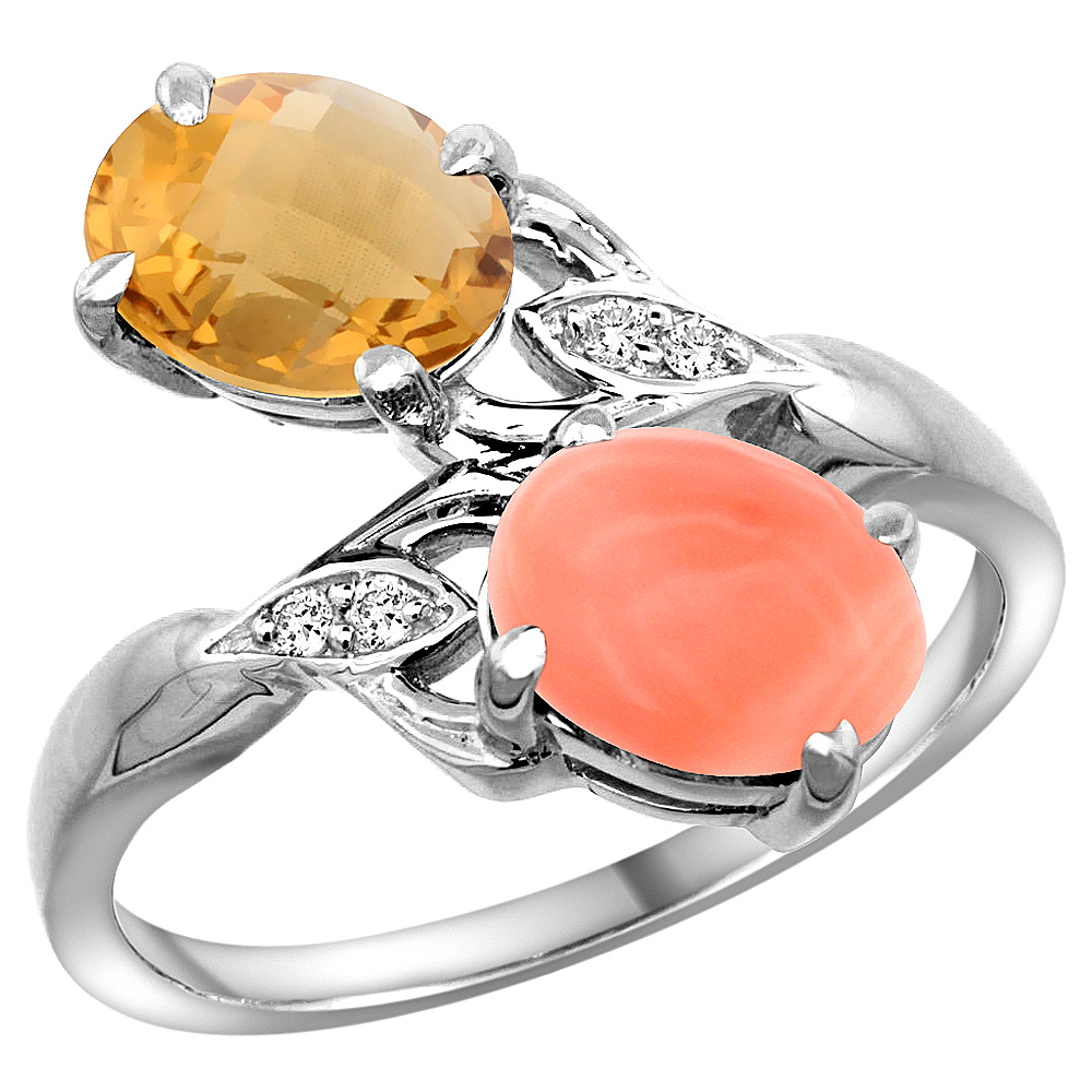 10K WHITE GOLD DIAMOND NATURAL WHISKY QUARTZ & CORAL 2-STONE RING OVAL 8X6MM, SIZES 5 - 10