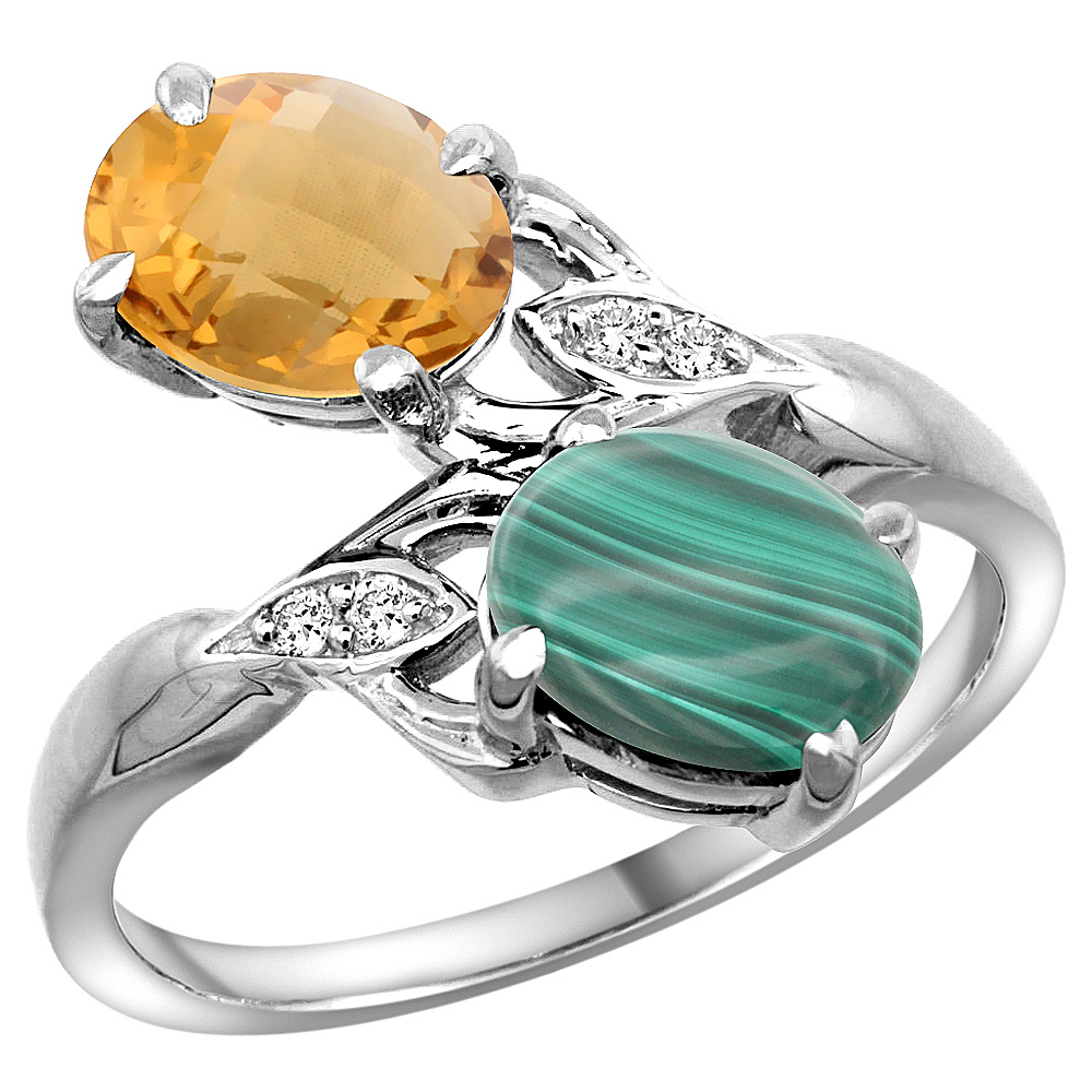 10K WHITE GOLD DIAMOND NATURAL WHISKY QUARTZ & MALACHITE 2-STONE RING OVAL 8X6MM, SIZES 5 - 10