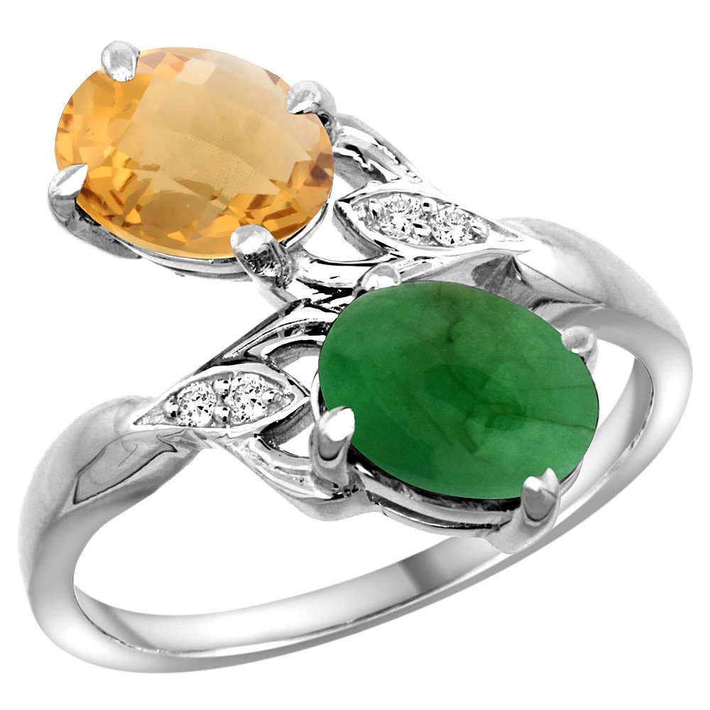 14k White Gold Diamond Natural Whisky Quartz & Cabochon Emerald 2-stone Ring Oval 8x6mm, sizes 5 - 10