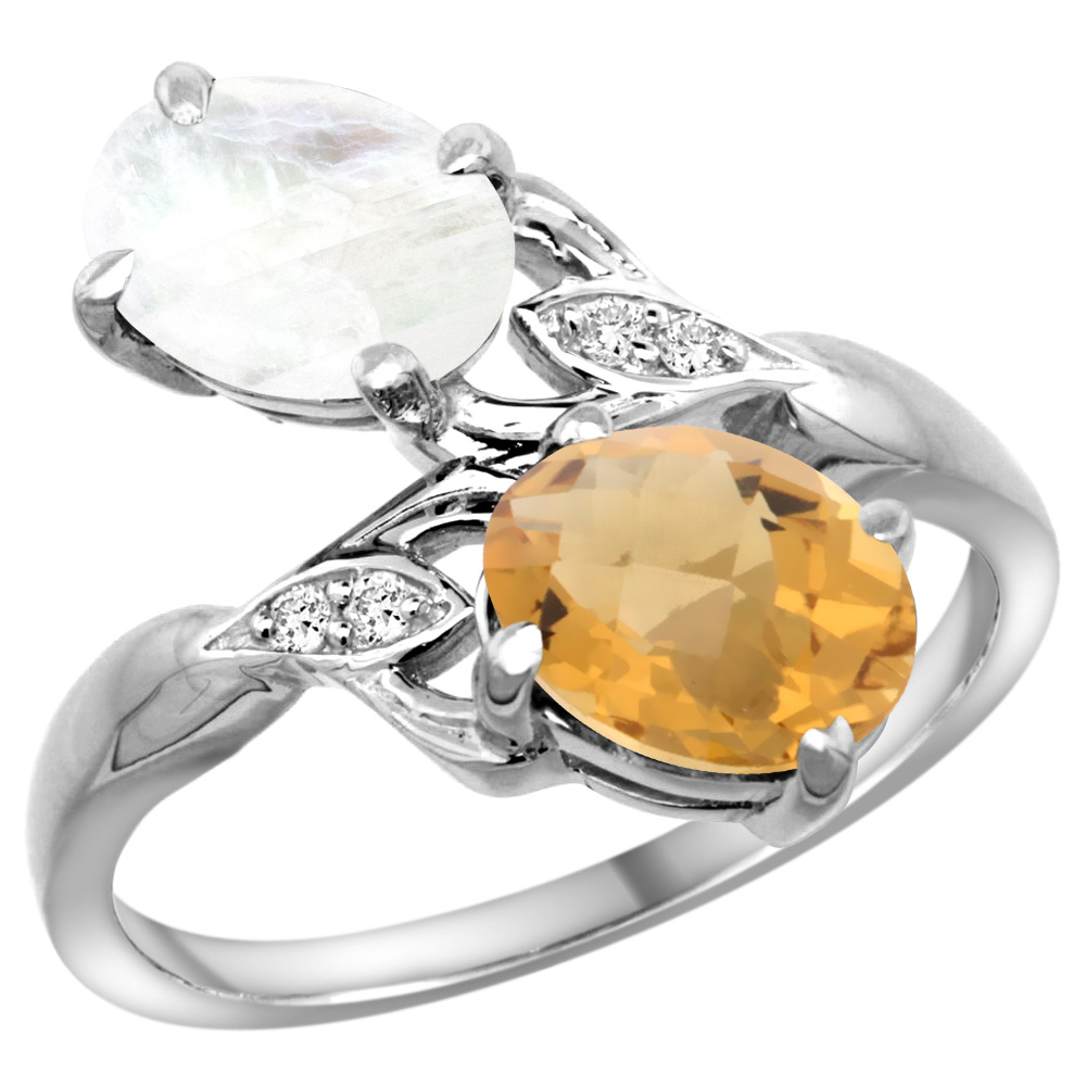 10K WHITE GOLD DIAMOND NATURAL WHISKY QUARTZ & RAINBOW MOONSTONE 2-STONE RING OVAL 8X6MM, SIZES 5 - 10