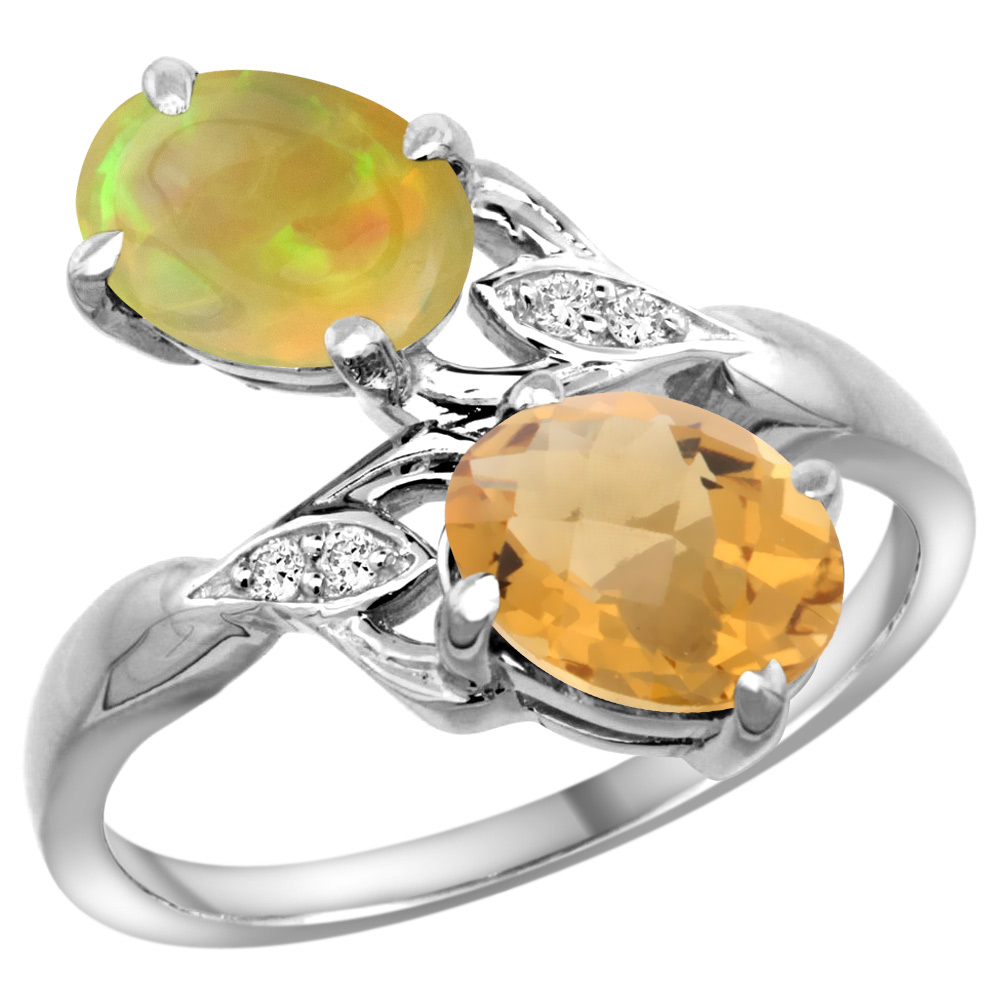 14k White Gold Diamond Natural Whisky Quartz & Ethiopian Opal 2-stone Mothers Ring Oval 8x6mm, size 5-10