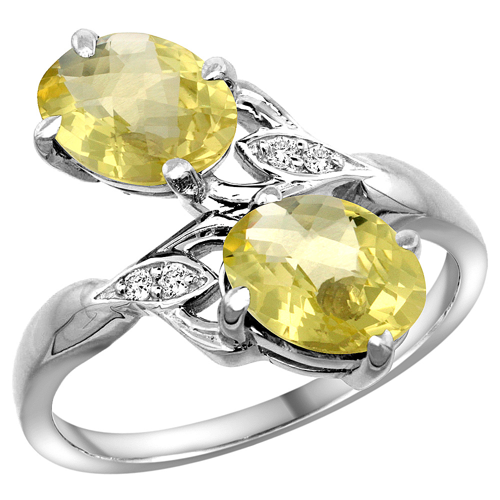 10K WHITE GOLD DIAMOND NATURAL LEMON QUARTZ 2-STONE RING OVAL 8X6MM, SIZES 5 - 10