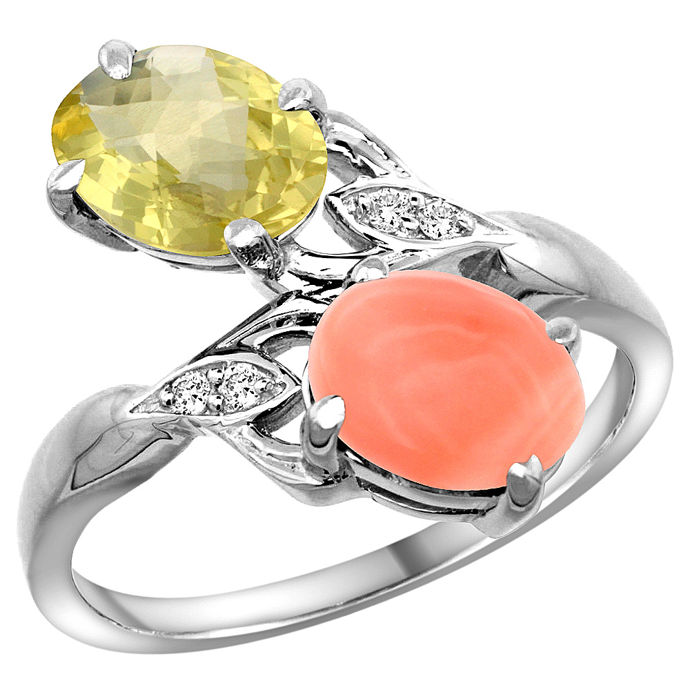 10K WHITE GOLD DIAMOND NATURAL LEMON QUARTZ & CORAL 2-STONE RING OVAL 8X6MM, SIZES 5 - 10