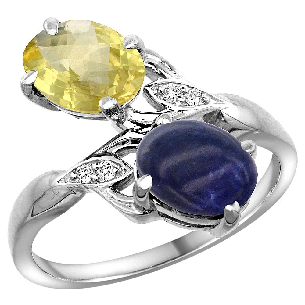 10K White Gold Diamond Natural Lemon Quartz & Lapis 2-stone Ring Oval 8x6mm, sizes 5 - 10