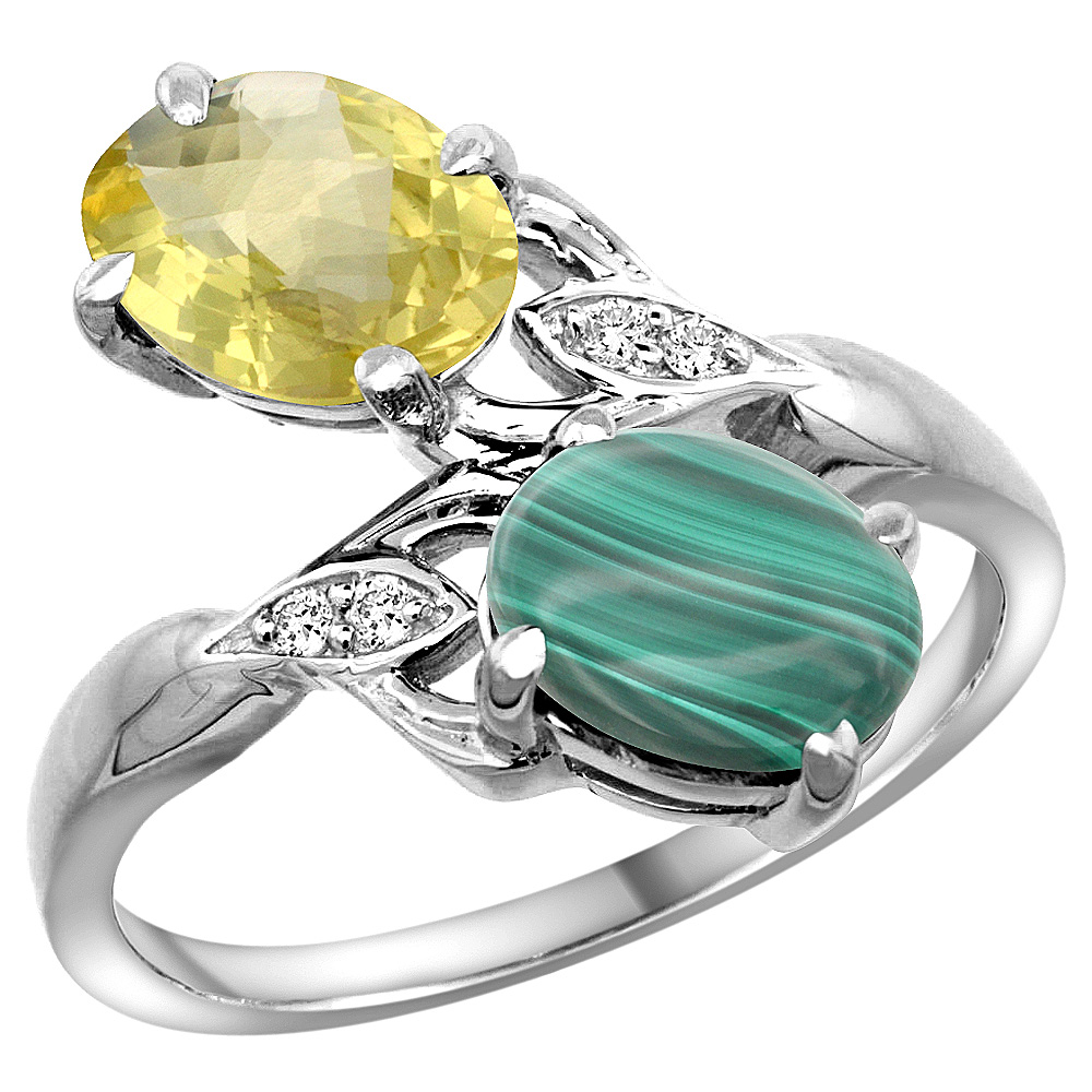 10K WHITE GOLD DIAMOND NATURAL LEMON QUARTZ & MALACHITE 2-STONE RING OVAL 8X6MM, SIZES 5 - 10