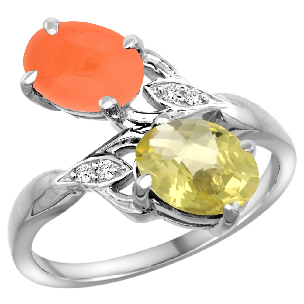 10K WHITE GOLD DIAMOND NATURAL LEMON QUARTZ & ORANGE MOONSTONE 2-STONE RING OVAL 8X6MM, SIZES 5 - 10