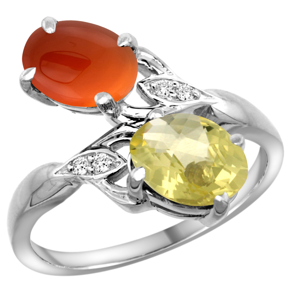 10K WHITE GOLD DIAMOND NATURAL PERIDOT & BROWN AGATE 2-STONE RING OVAL 8X6MM, SIZES 5 - 10