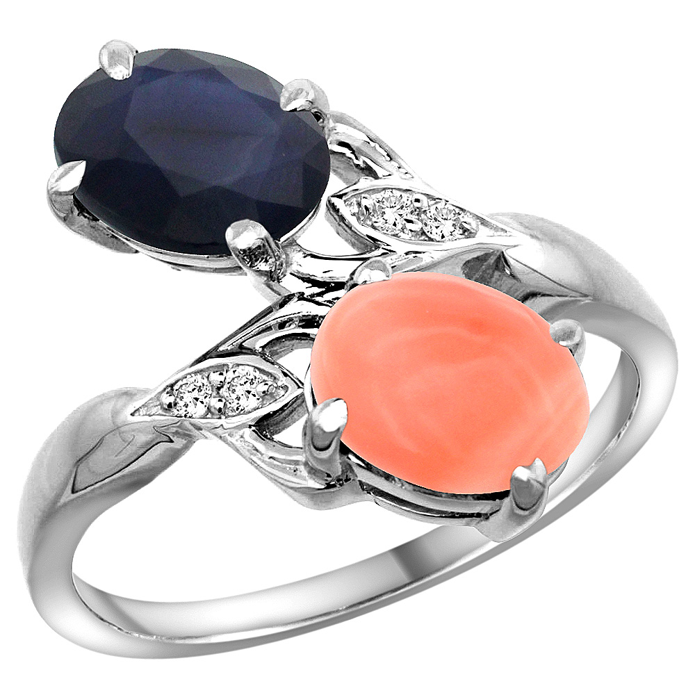 14k White Gold Diamond Natural Australian Sapphire & Coral 2-stone Ring Oval 8x6mm, sizes 5 - 10