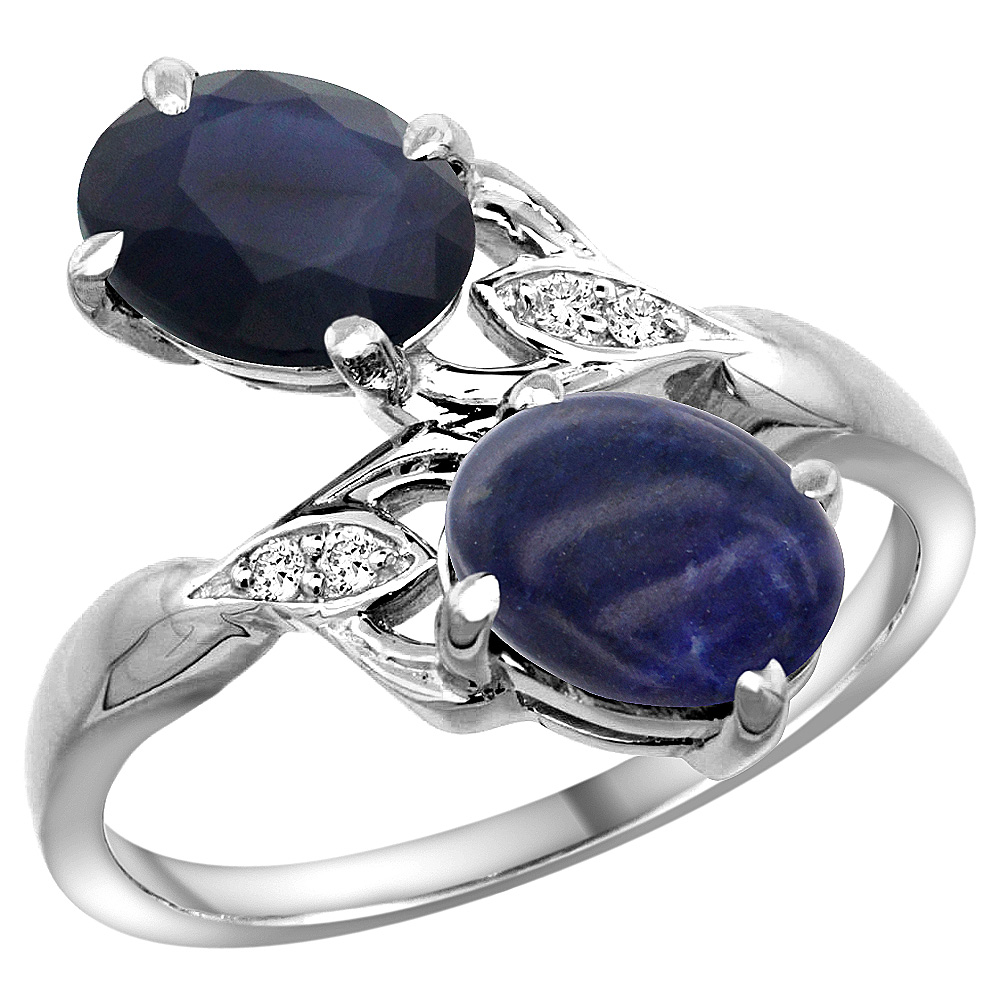 14k White Gold Diamond Natural Australian Sapphire & Lapis 2-stone Ring Oval 8x6mm, sizes 5 - 10