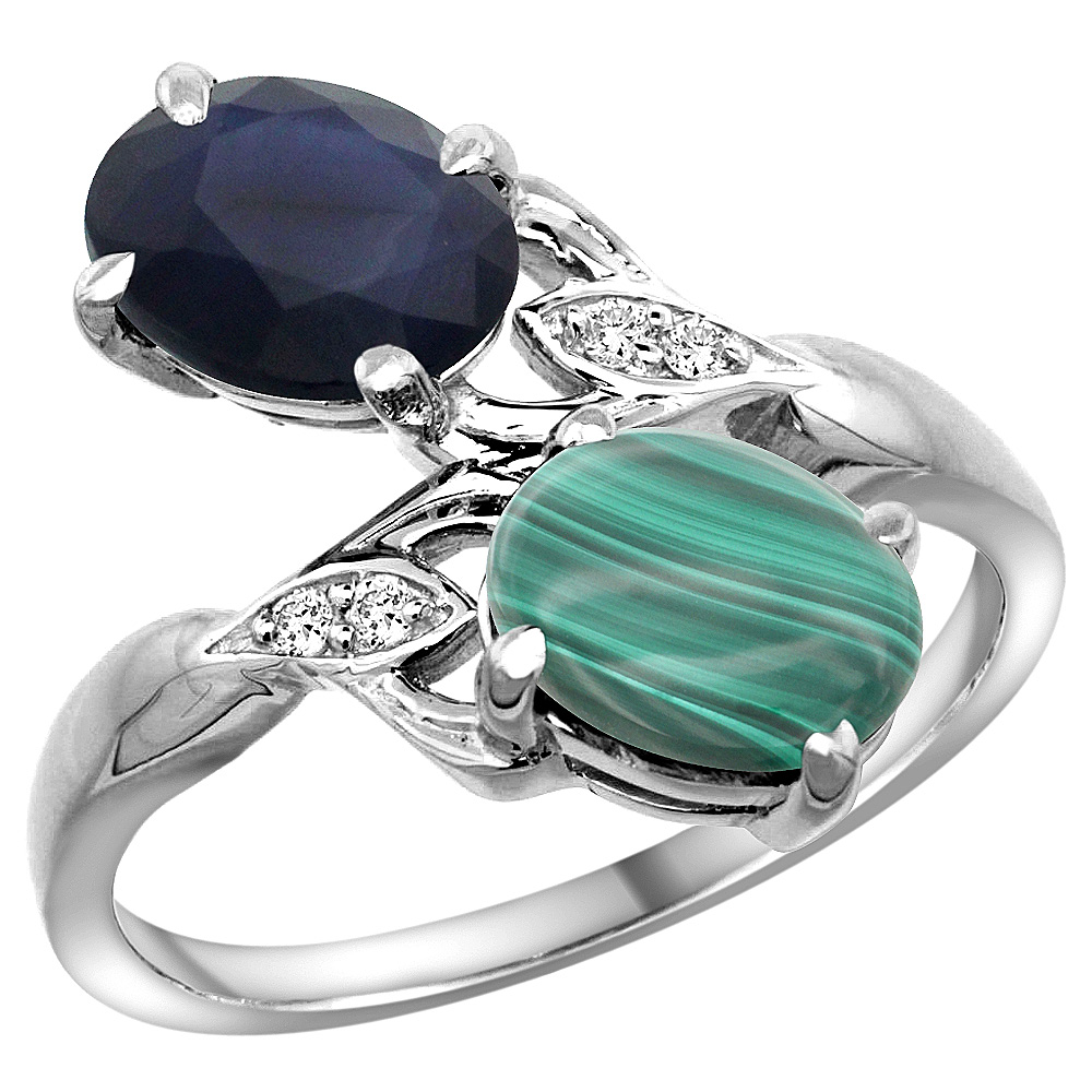 14k White Gold Diamond Natural Australian Sapphire & Malachite 2-stone Ring Oval 8x6mm, sizes 5 - 10