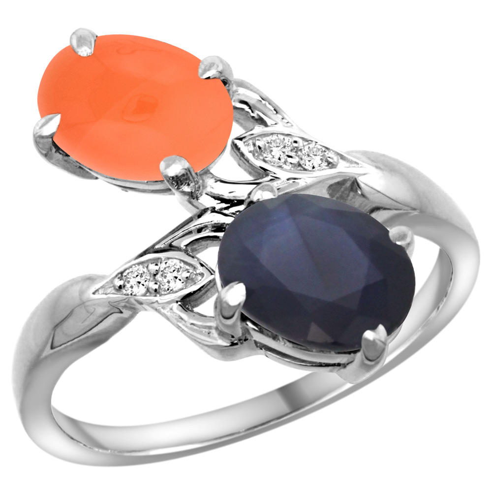 10K WHITE GOLD DIAMOND NATURAL AUSTRALIAN SAPPHIRE & ORANGE MOONSTONE 2-STONE RING OVAL 8X6MM, SIZES 5 - 10