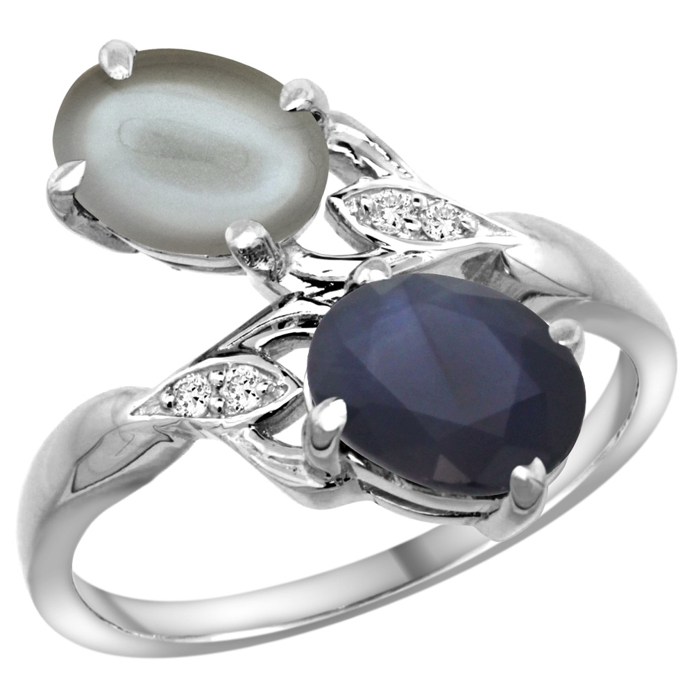 10K WHITE GOLD DIAMOND NATURAL AUSTRALIAN SAPPHIRE & GRAY MOONSTONE 2-STONE RING OVAL 8X6MM, SIZES 5 - 10