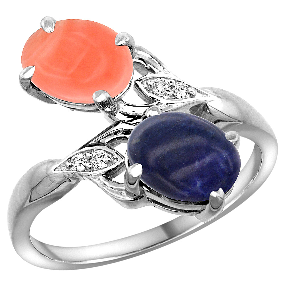 10K WHITE GOLD DIAMOND NATURAL CORAL & LAPIS 2-STONE RING OVAL 8X6MM, SIZES 5 - 10