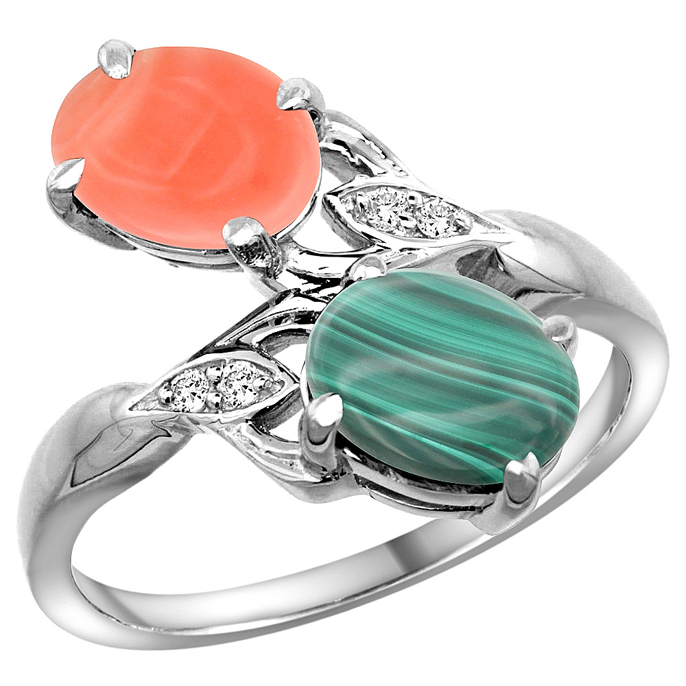 10K WHITE GOLD DIAMOND NATURAL CORAL & MALACHITE 2-STONE RING OVAL 8X6MM, SIZES 5 - 10