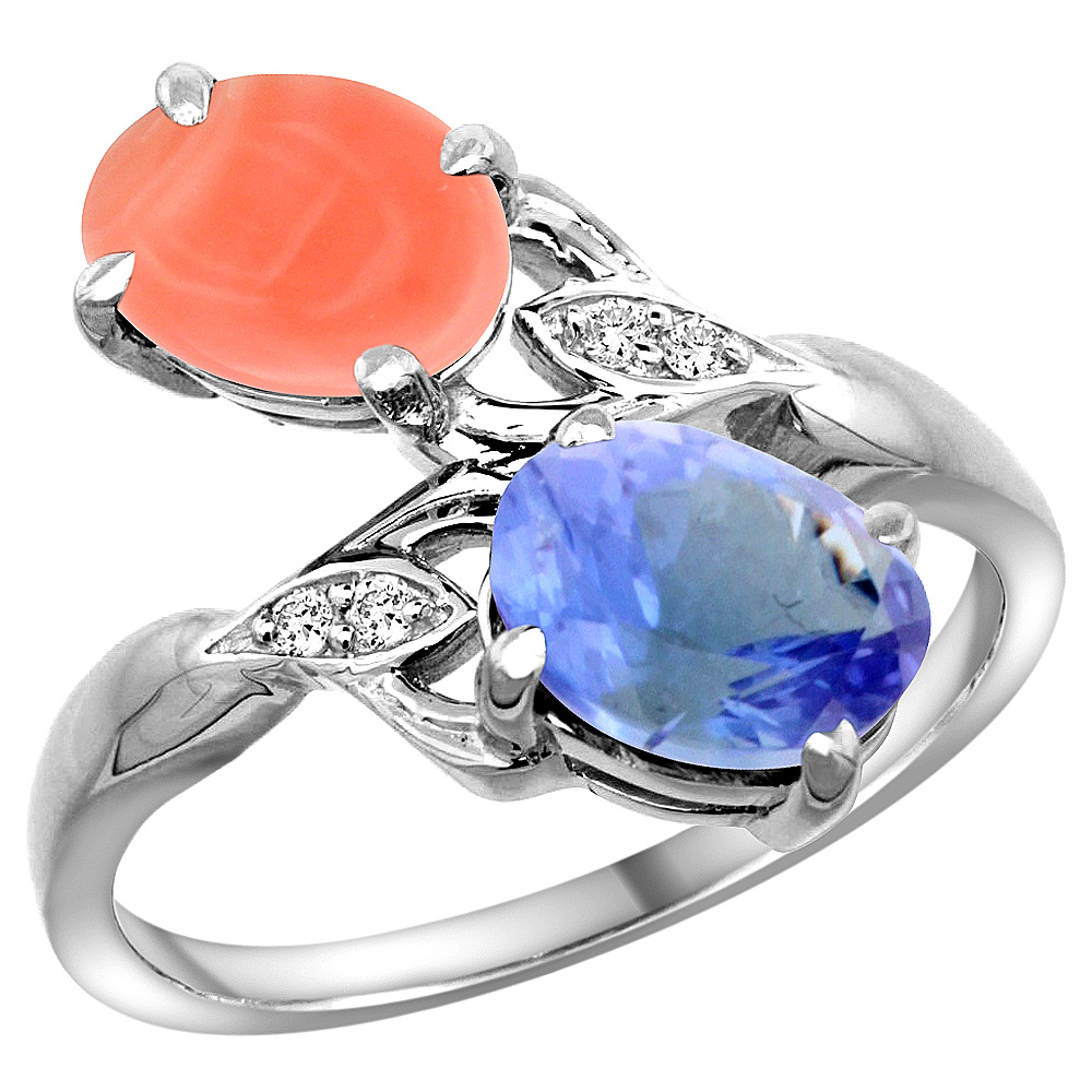 10K WHITE GOLD DIAMOND NATURAL CORAL & TANZANITE 2-STONE RING OVAL 8X6MM, SIZES 5 - 10