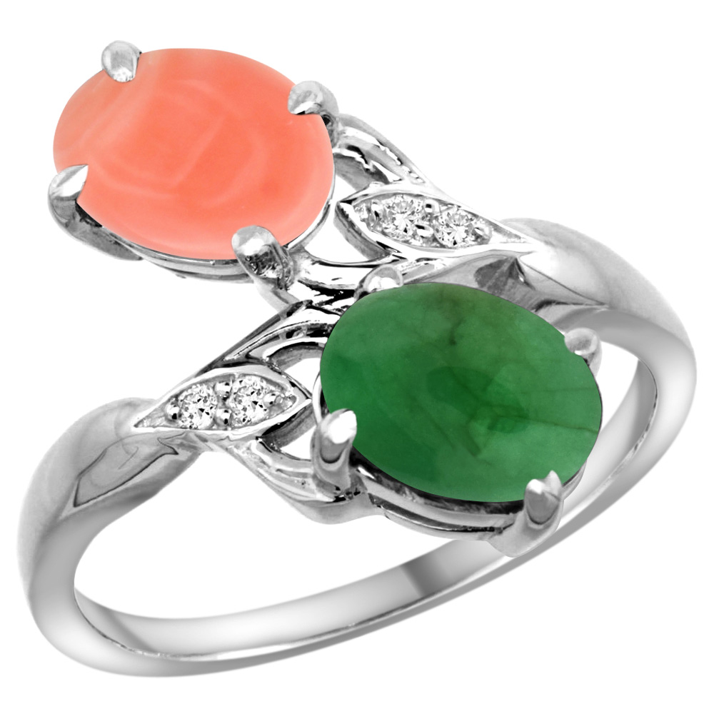10K WHITE GOLD DIAMOND NATURAL CORAL & CABOCHON EMERALD 2-STONE RING OVAL 8X6MM, SIZES 5 - 10
