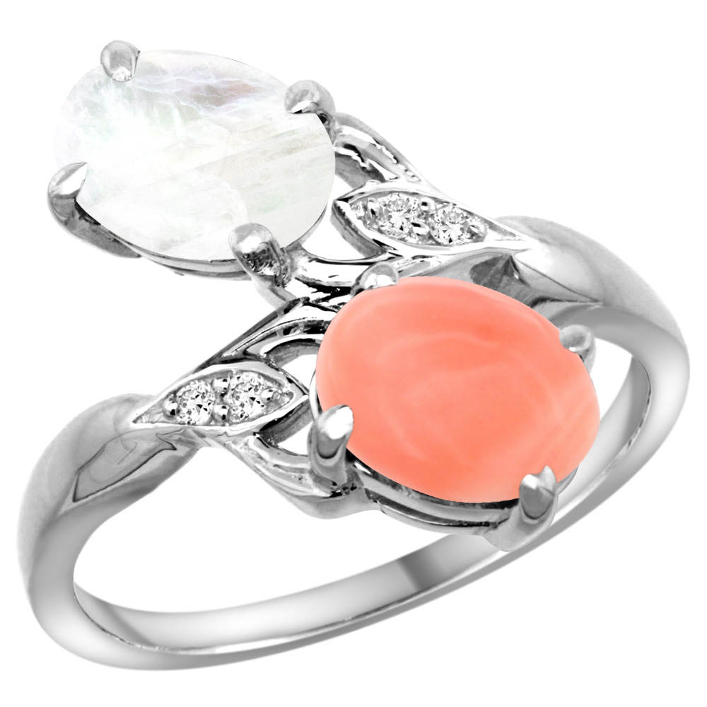 10K WHITE GOLD DIAMOND NATURAL CORAL & RAINBOW MOONSTONE 2-STONE RING OVAL 8X6MM, SIZES 5 - 10