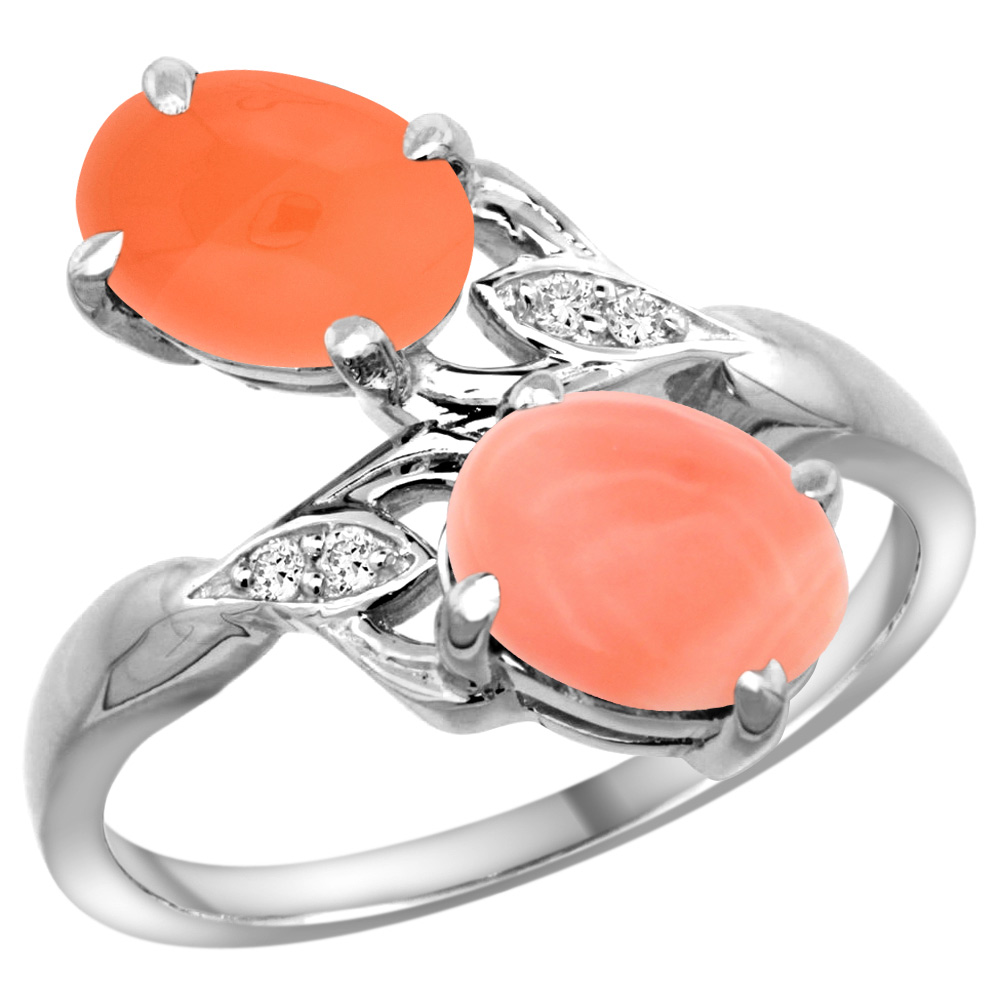 10K WHITE GOLD DIAMOND NATURAL CORAL & ORANGE MOONSTONE 2-STONE RING OVAL 8X6MM, SIZES 5 - 10