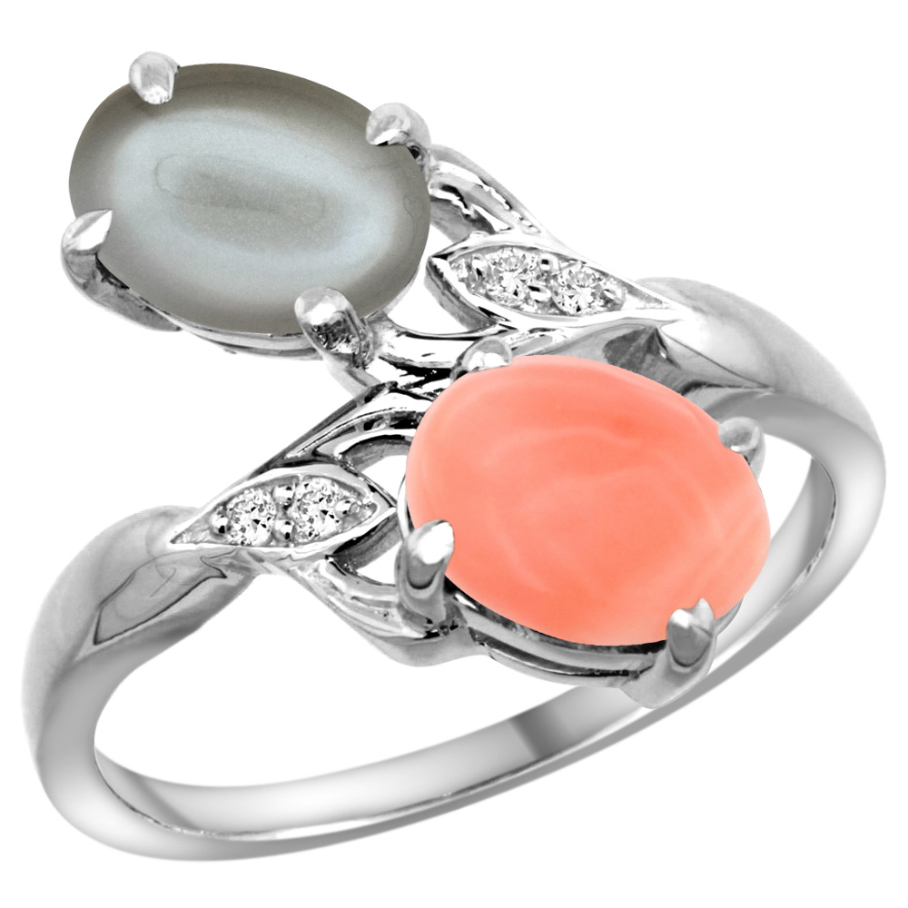 10K WHITE GOLD DIAMOND NATURAL CORAL & GRAY MOONSTONE 2-STONE RING OVAL 8X6MM, SIZES 5 - 10