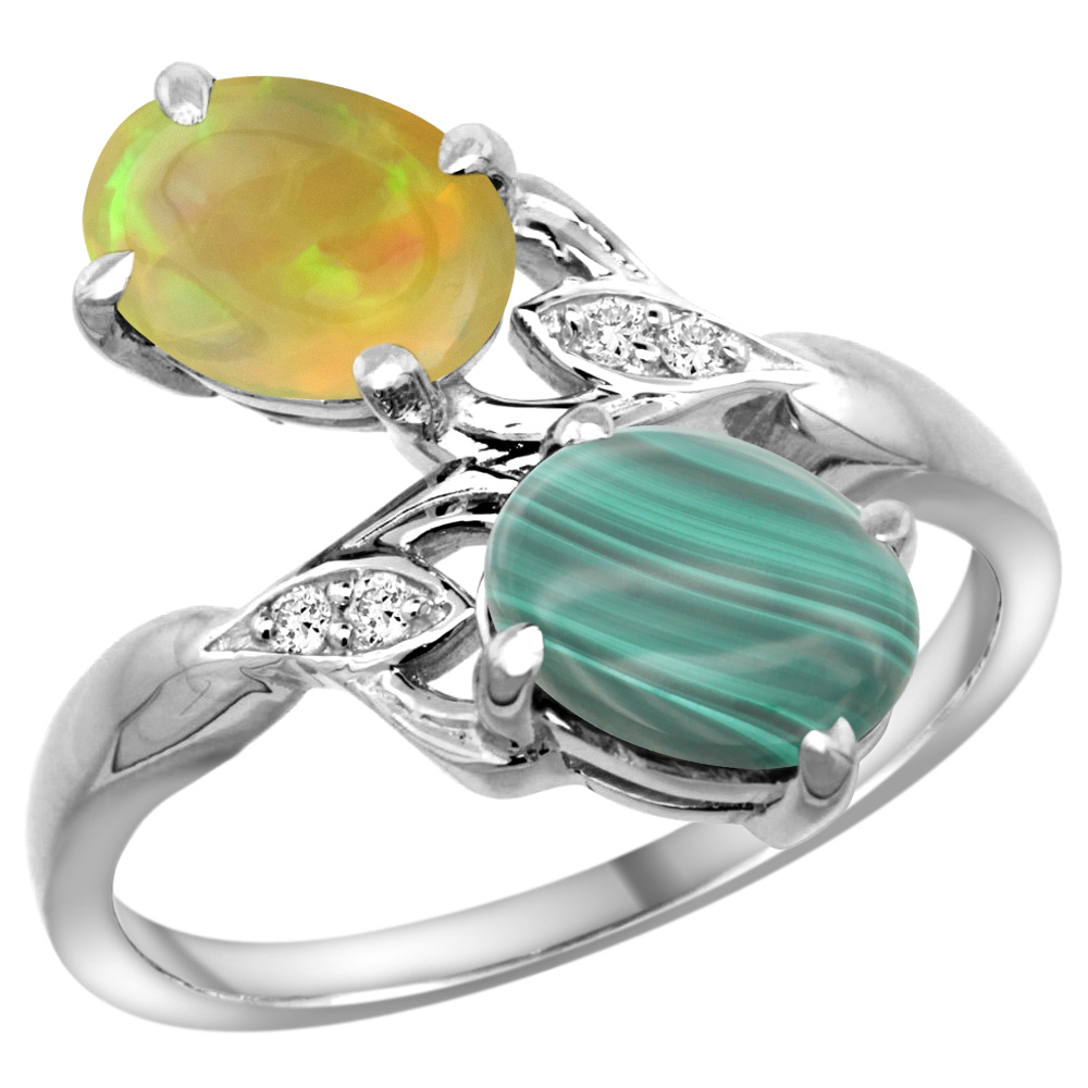 14K WHITE GOLD DIAMOND NATURAL MALACHITE & ETHIOPIAN OPAL 2-STONE MOTHERS RING OVAL 8X6MM, SIZE 5 - 10