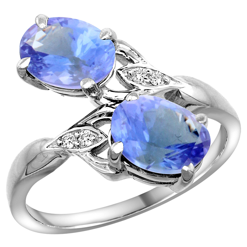 10K White Gold Diamond Natural Tanzanite 2-stone Ring Oval 8x6mm, sizes 5 - 10