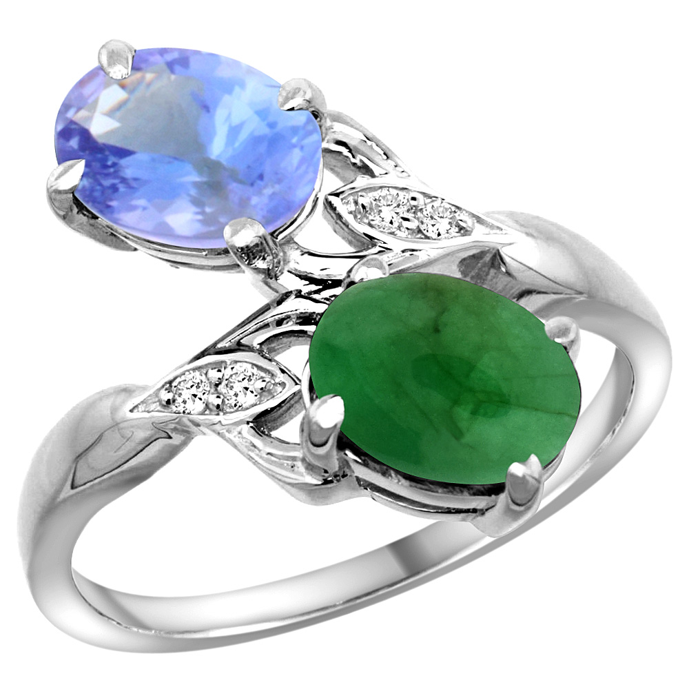 10K White Gold Diamond Natural Tanzanite & Cabochon Emerald 2-stone Ring Oval 8x6mm, sizes 5 - 10