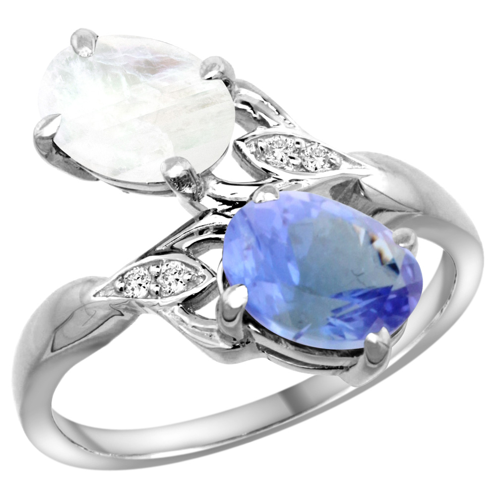 10K White Gold Diamond Natural Tanzanite & Rainbow Moonstone 2-stone Ring Oval 8x6mm, sizes 5 - 10