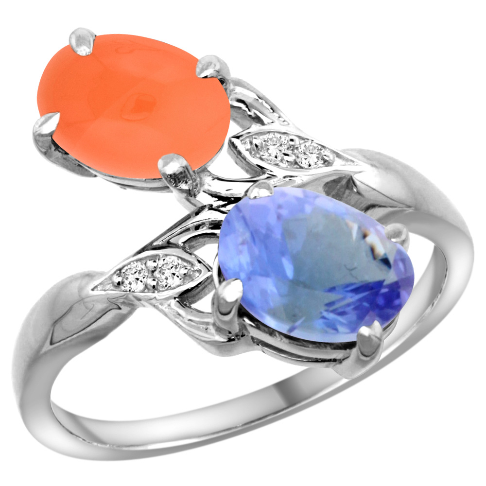 10K White Gold Diamond Natural Tanzanite & Orange Moonstone 2-stone Ring Oval 8x6mm, sizes 5 - 10