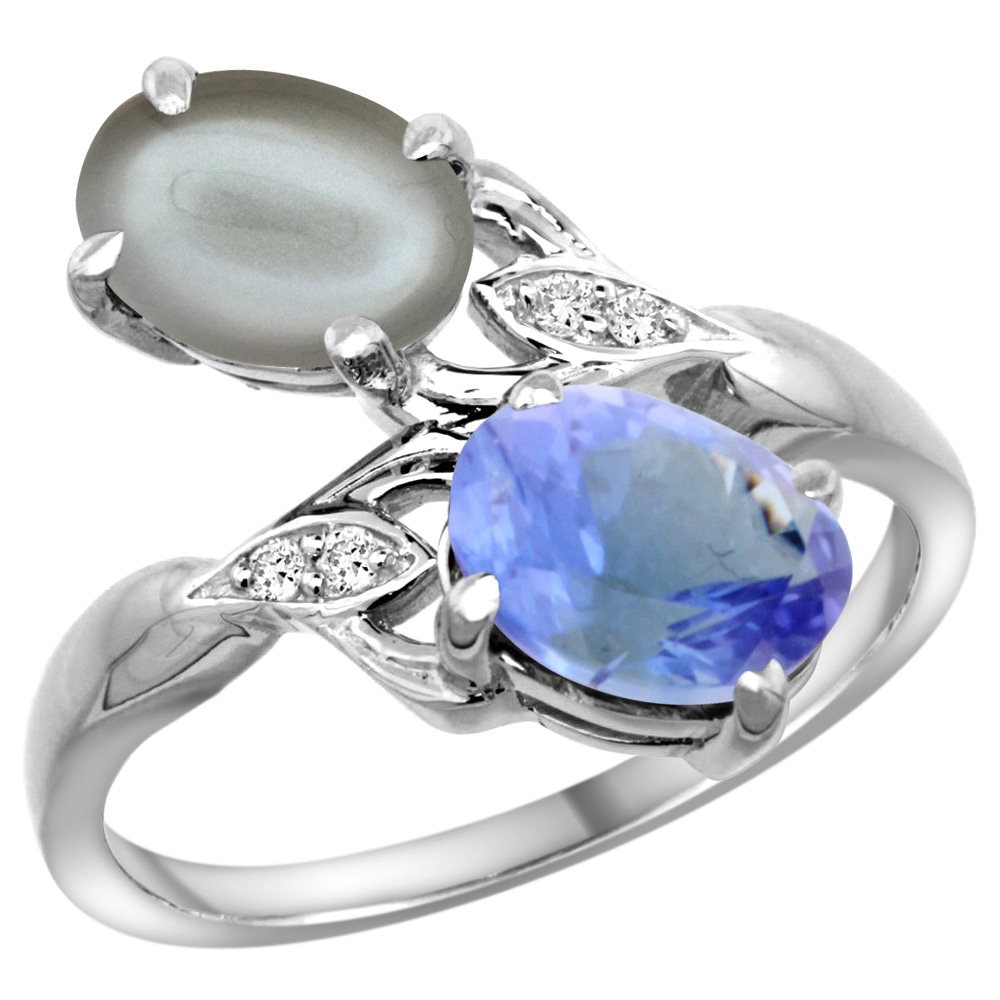 10K White Gold Diamond Natural Tanzanite & Gray Moonstone 2-stone Ring Oval 8x6mm, sizes 5 - 10