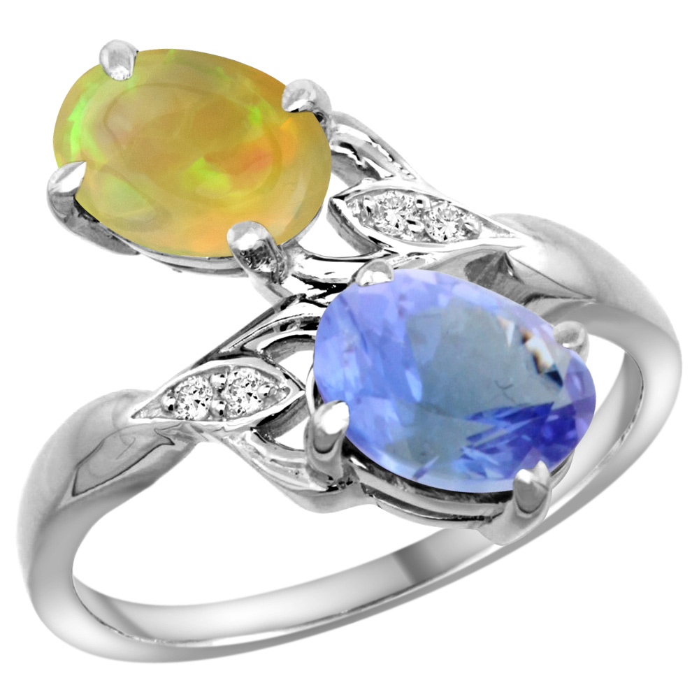 10K WHITE GOLD DIAMOND NATURAL TANZANITE & ETHIOPIAN OPAL 2-STONE MOTHERS RING OVAL 8X6MM, SIZE 5 - 10