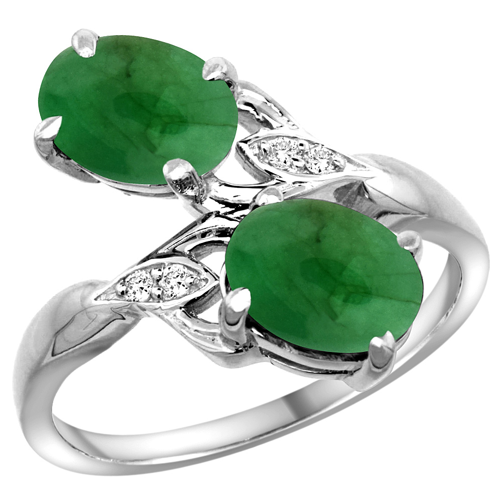 10K WHITE GOLD DIAMOND NATURAL CABOCHON EMERALD 2-STONE RING OVAL 8X6MM, SIZES 5 - 10