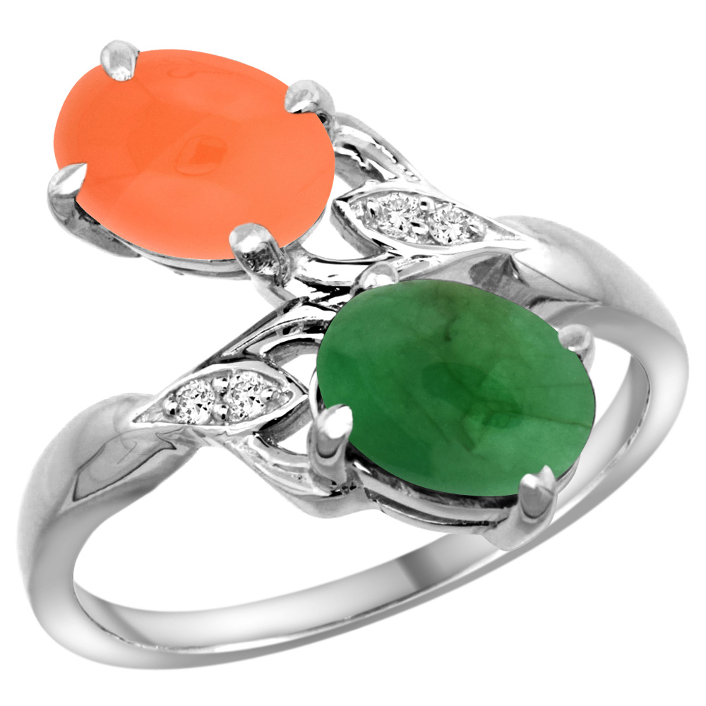 10K WHITE GOLD DIAMOND NATURAL CABOCHON EMERALD & ORANGE MOONSTONE 2-STONE RING OVAL 8X6MM, SIZES 5 - 10