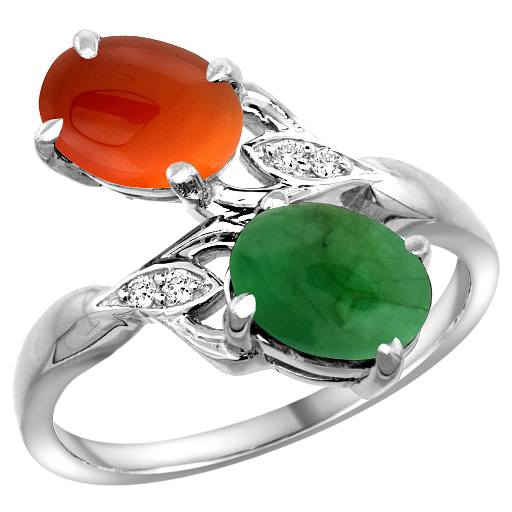 10K WHITE GOLD DIAMOND NATURAL CABOCHON EMERALD & BROWN AGATE 2-STONE RING OVAL 8X6MM, SIZES 5 - 10