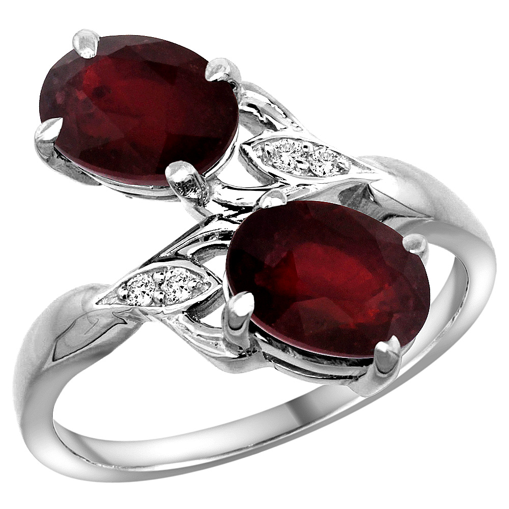 10K WHITE GOLD DIAMOND NATURAL RUBY ENHANCED GENUINE RUBY 2-STONE MOTHERS RING OVAL 8X6MM SIZE 5-10
