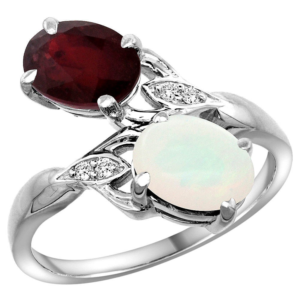 10K WHITE GOLD DIAMOND NATURAL RUBY OPAL 2-STONE MOTHERS RING OVAL 8X6MM SIZE 5 - 10