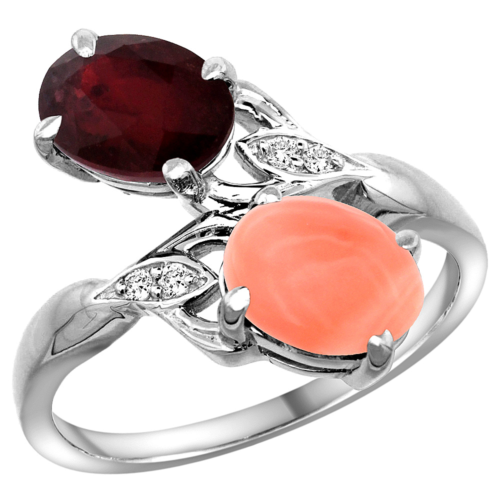 10K WHITE GOLD DIAMOND NATURAL RUBY CORAL 2-STONE MOTHERS RING OVAL 8X6MM SIZE 5 - 10