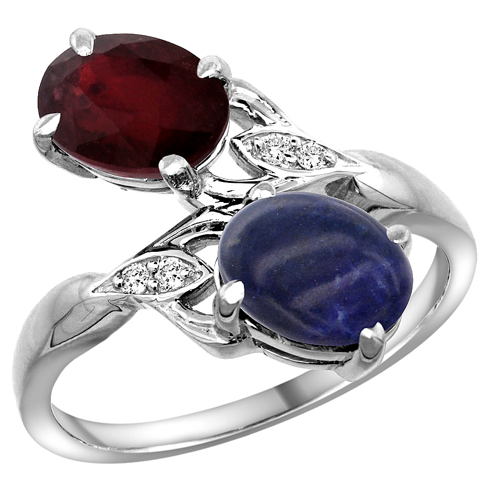 10K WHITE GOLD DIAMOND NATURAL RUBY LAPIS 2-STONE MOTHERS RING OVAL 8X6MM SIZE 5 - 10