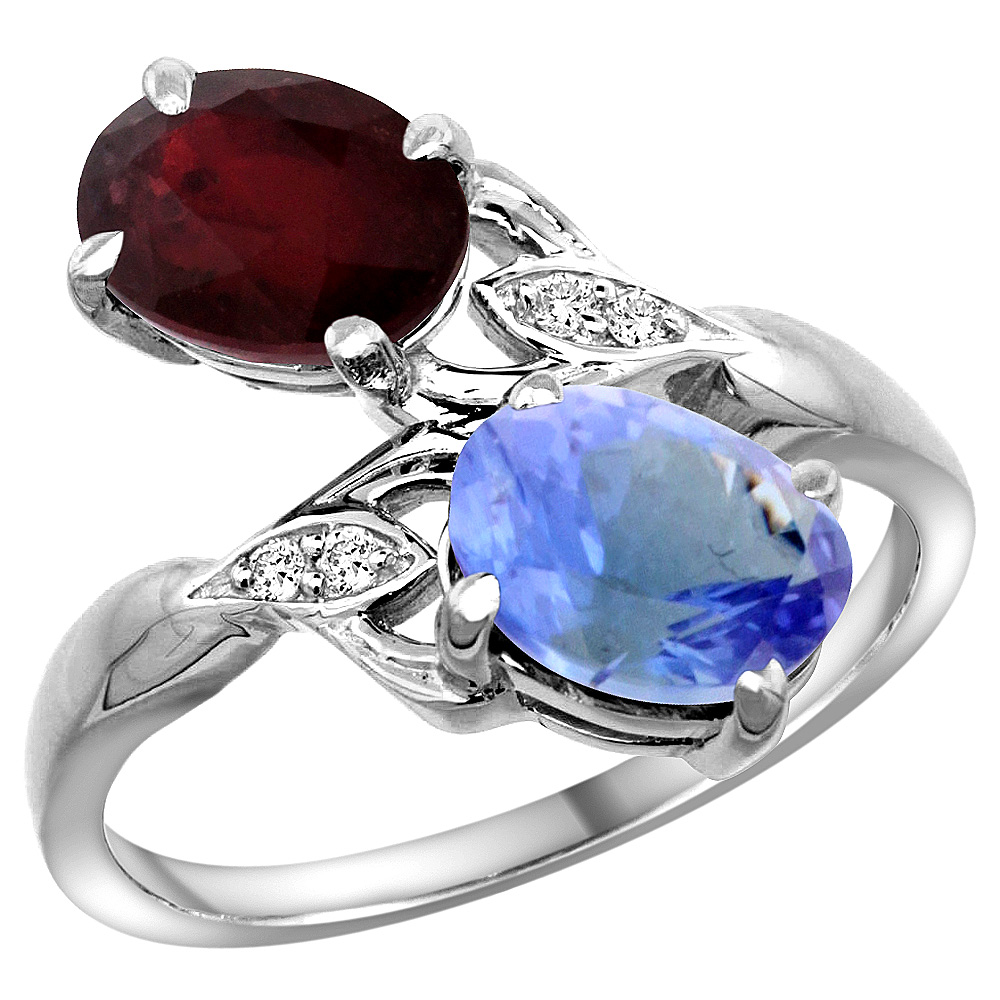 10K WHITE GOLD DIAMOND NATURAL RUBY TANZANITE 2-STONE MOTHERS RING OVAL 8X6MM SIZE 5 - 10