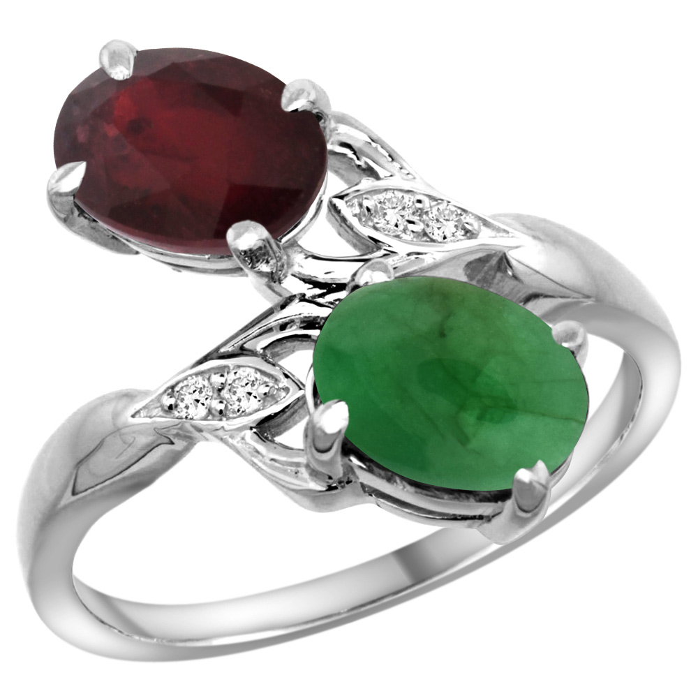 10K WHITE GOLD DIAMOND NATURAL RUBY CABOCHON EMERALD 2-STONE MOTHERS RING OVAL 8X6MM SIZE 5 - 10