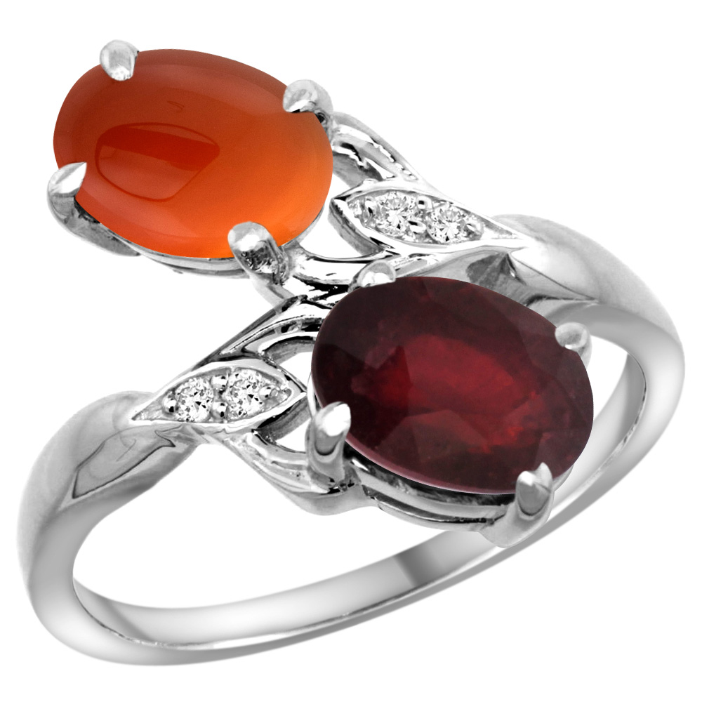 10K WHITE GOLD DIAMOND NATURAL RUBY BROWN AGATE 2-STONE MOTHERS RING OVAL 8X6MM SIZE 5 - 10